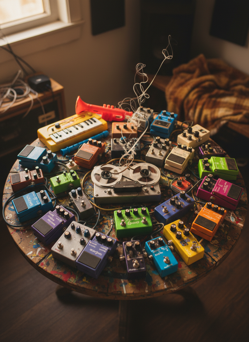 An overhead photographic view of a circular table covered with mismatched, colorful guitar pedals, cracked plastic toy instruments, and a small, open reel-to-reel tape machine with tape looping loosely around like wisps of smoke. The table surface is a worn, light wood with paint splatters, surrounded by blurred hints of a cozy recording nook. Soft afternoon window light spills across the scene, creating gentle highlights on metal knobs and subtle shadows between objects. The composition is playful and chaotic yet balanced, with a sharp focus on the center pedals and a gradual blur toward the edges, suggesting experimental music built from joyful noise and broken sounds.