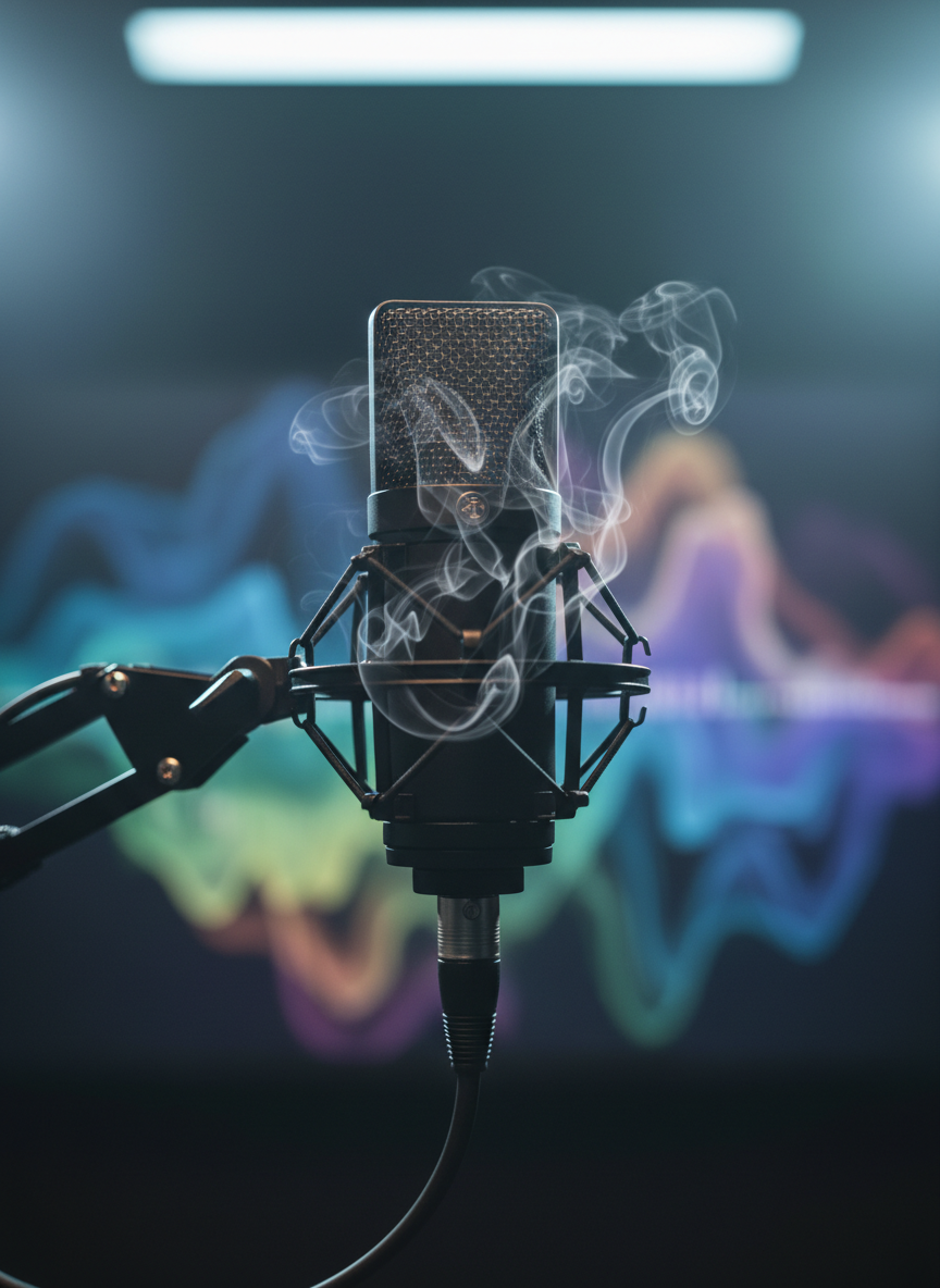 A detailed photographic close-up of a black studio microphone whose metal grille appears subtly warped and dented, with tiny curls of translucent smoke weaving through the mesh as if sound itself is escaping. The mic is mounted on a shock mount and boom arm, positioned in front of a blurred, colorful visualizer screen showing playful, wavy audio patterns. Soft, cool-toned studio lighting from above and behind creates a gentle halo around the mic, with delicate rim highlights tracing its silhouette. Shot with a shallow depth of field at a slight upward angle, the mood is experimental and whimsical, suggesting music that bends, breaks, and billows like smoke.