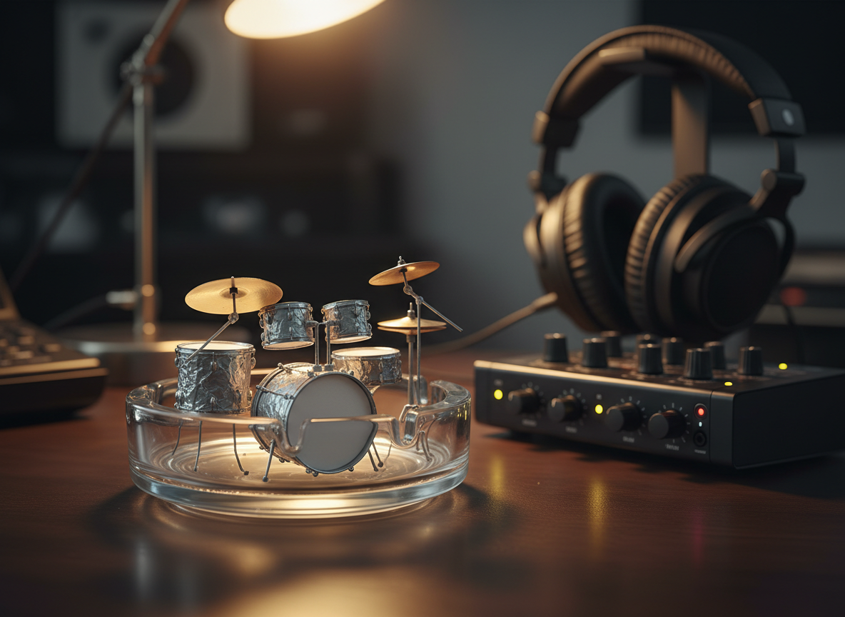 A high-resolution, eye-level photograph of a translucent glass ashtray reimagined as a miniature drum kit, with tiny chrome cymbals, snare, and kick sculpted from deconstructed cigarette filters and silver foil. The ashtray sits on a dark wooden studio desk beside a chunky audio interface and a pair of headphones, slightly out of focus. Warm ambient desk lamp light creates a golden, cozy glow, catching on the glass edges and metallic drum details. The mood is playful and surreal, blending everyday objects with music gear. The depth of field is shallow, emphasizing the whimsical drum-ashtray while the studio background remains a soft, inviting blur.
