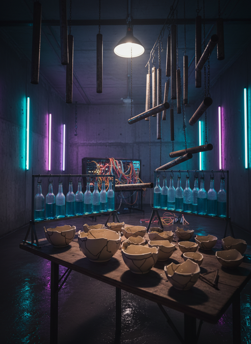A wide cinematic photograph of a dim, neon-lit room filled with unconventional sound-makers: glass bottles tuned with different water levels, dented metal pipes hanging from the ceiling, and cracked ceramic bowls arranged like a marimba on a rough wooden table. Purple and teal neon strips line the walls, casting colorful reflections and soft shadows, while a soft overhead diffuser keeps details visible. In the background, blurred modular synth cables add a subtle electronic vibe. Shot from a low angle with moderate depth of field, the image feels like a secret lab for playful sonic experiments, where everything, even broken objects, becomes music.